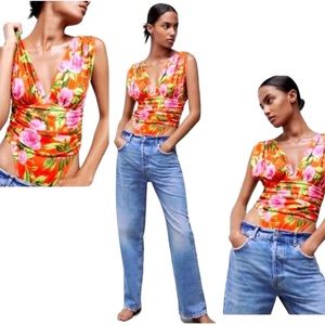 NWOT Zara Floral Print Draped Bodysuit